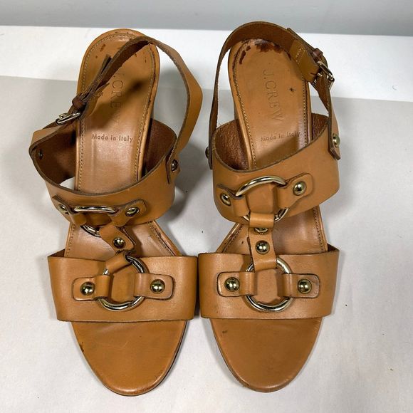 J Crew Equestrian Mid Block Heel Leather Sandals Womens 8 Tan - Picture 2 of 11